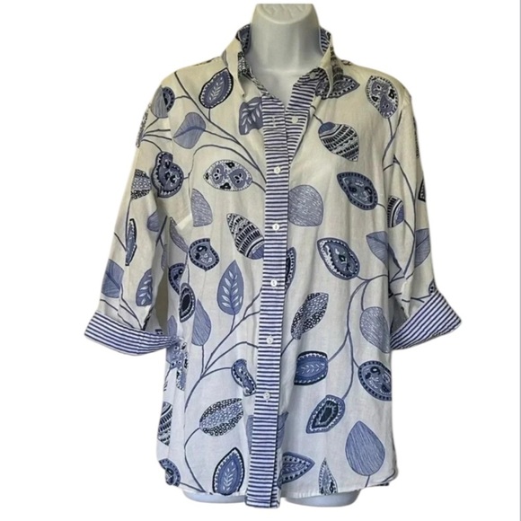Gretchen Scott blue and white button shirt tunic cotton 3/4 sleeve Size XS - Picture 8 of 9